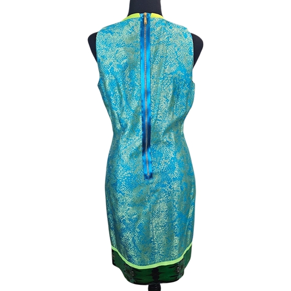 Elie Tahari Silk Blend Iridescent Teal and Green Sleeveless Sheath Dress Sz 10 - Picture 5 of 16